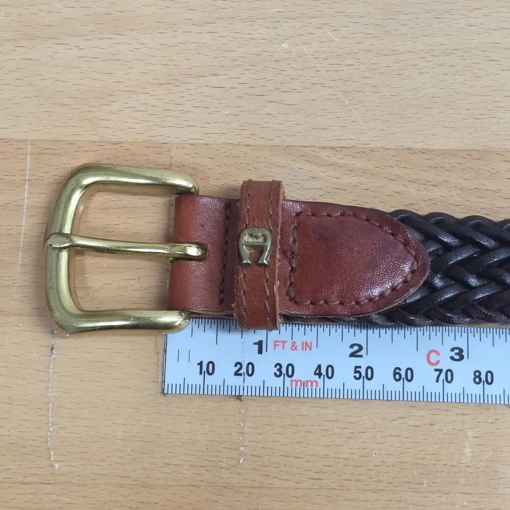 VTG Etienne Aigner Brown Woven Leather Belt Womens Medium Brass Buckle Logo